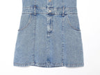 Blue denim mini skirt with front patch pockets and center button