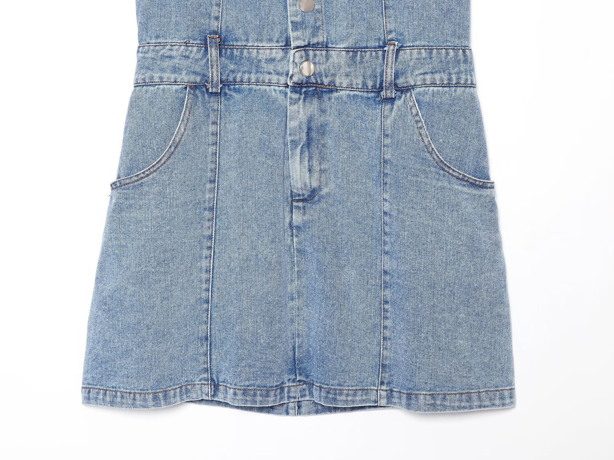 Blue denim mini skirt with front patch pockets and center button