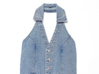 Blue denim halter mini dress with open V neckline and gold button placket