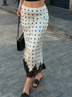 Spring Retro Office HW Cut Fishtail Hem Polka Dot Lace Skirt