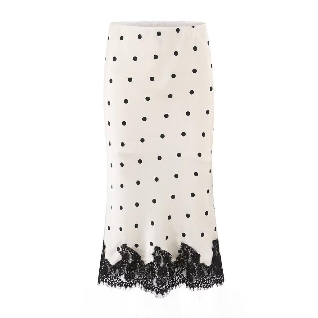Spring Retro Office HW Cut Fishtail Hem Polka Dot Lace Skirt