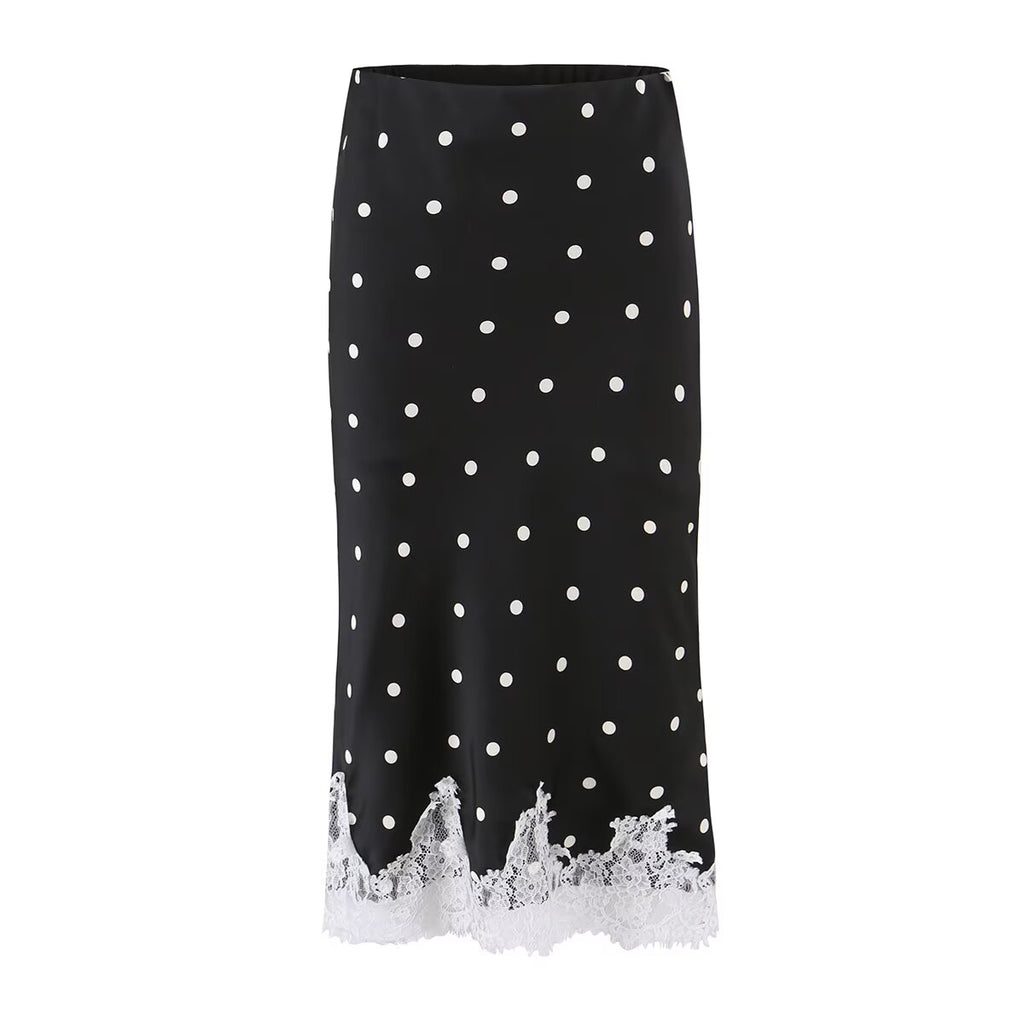 Spring Retro Office HW Cut Fishtail Hem Polka Dot Lace Skirt