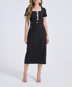 Women's Lace Square Neck Side Slit Bodycon Midi Dress