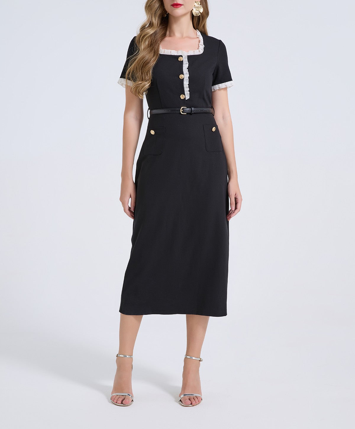 Women's Lace Square Neck Side Slit Bodycon Midi Dress