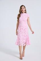 Pink lace knee-length dress, fitted bodice and flared skirt