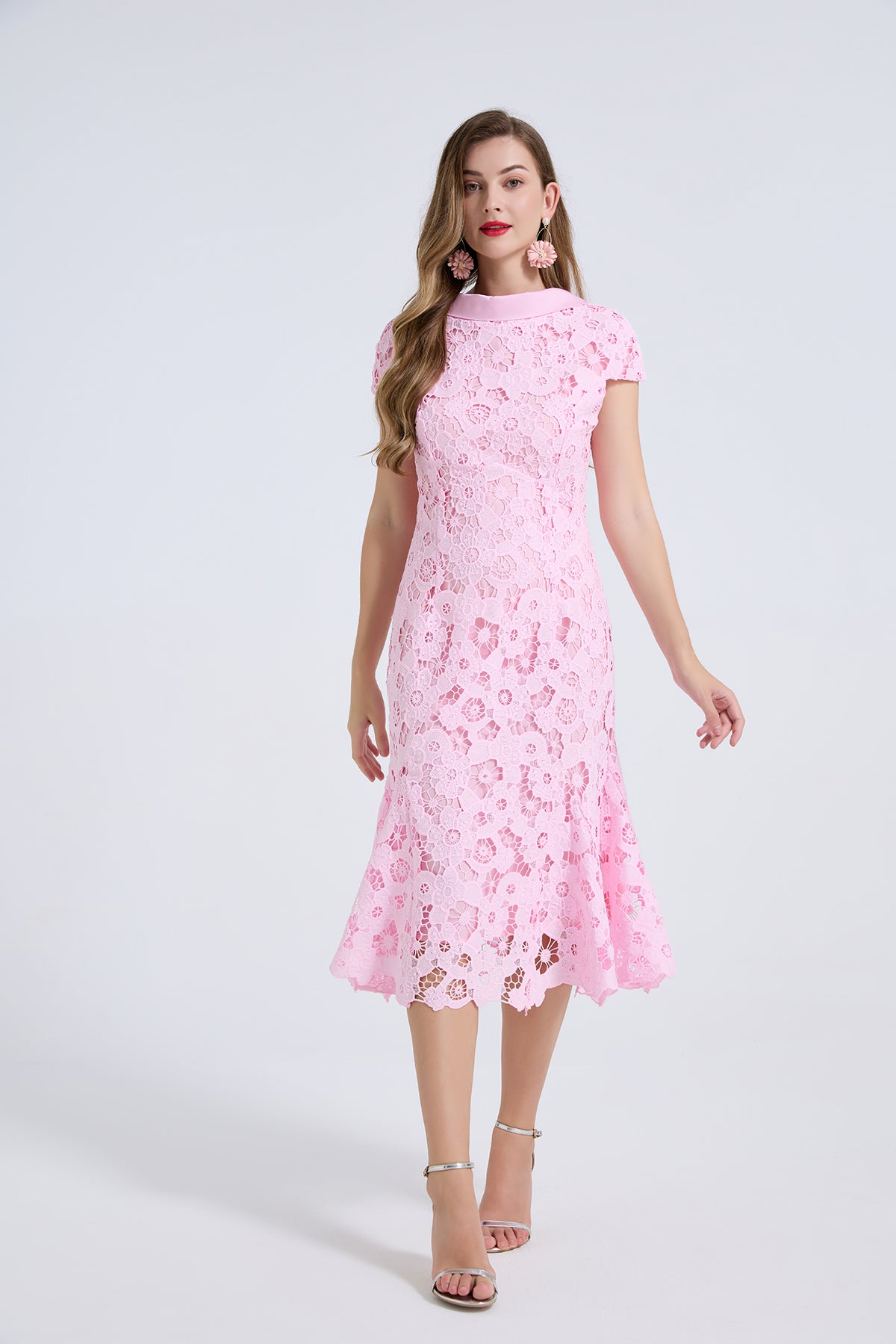 Pink lace knee-length dress, fitted bodice and flared skirt
