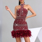 Red jeweled halter sleeveless cocktail dress with tiered feather hem
