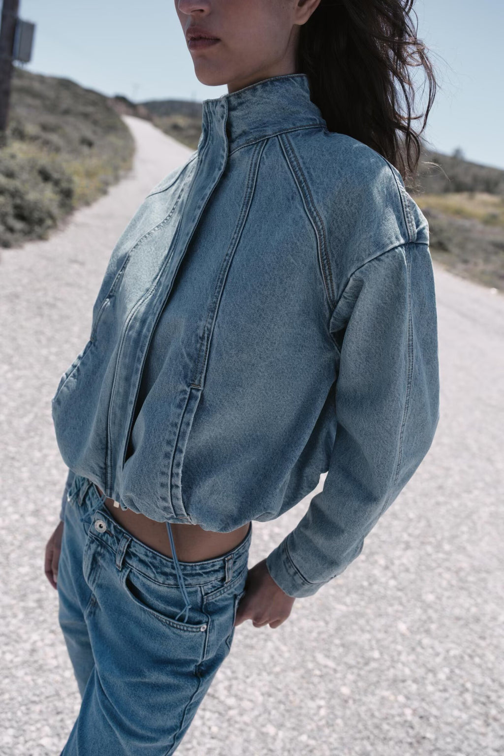 Women Clothing Stand Collar Denim Bomber Jacket