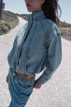 Women Clothing Stand Collar Denim Bomber Jacket