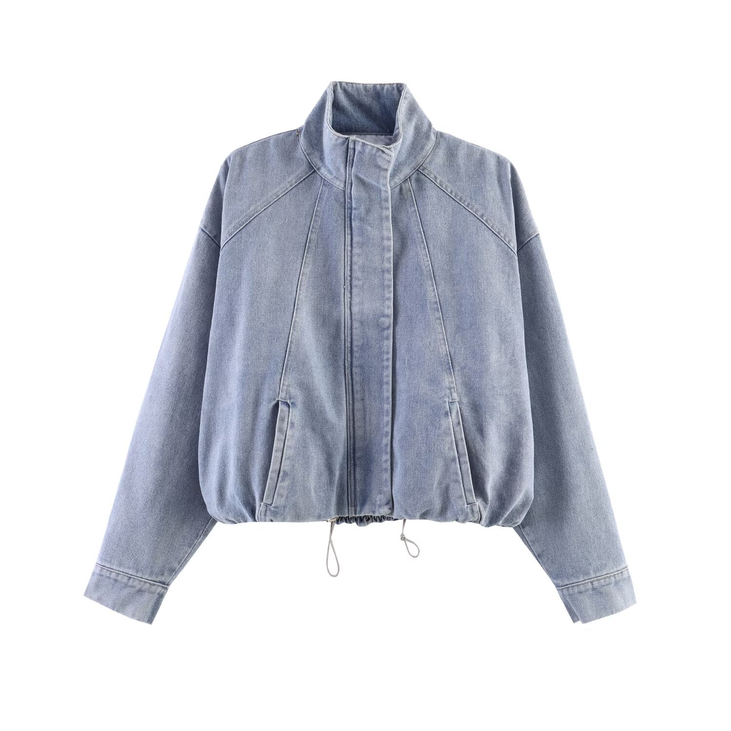 Women Clothing Stand Collar Denim Bomber Jacket