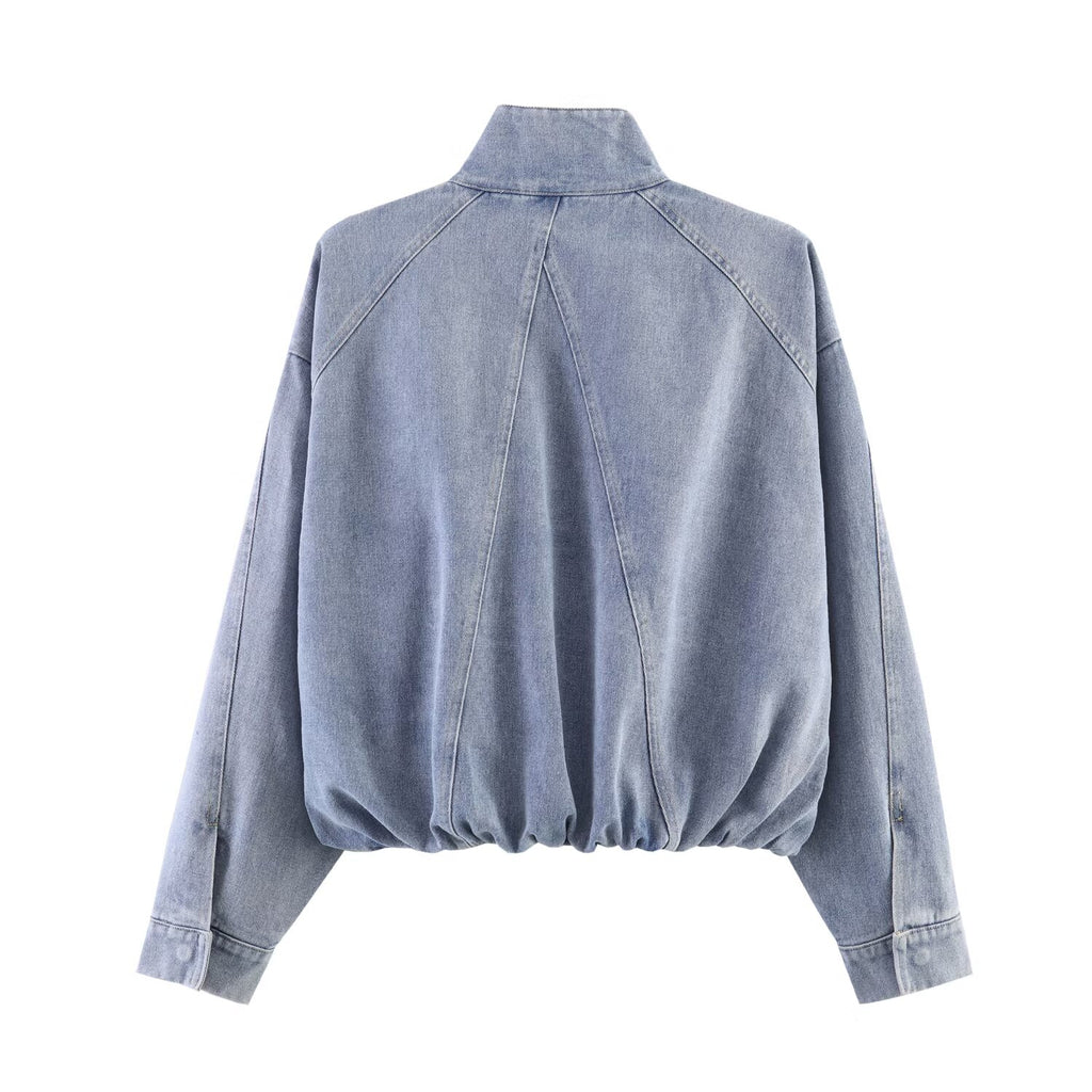 Women Clothing Stand Collar Denim Bomber Jacket