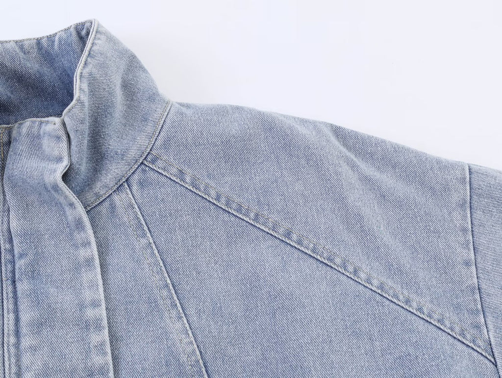 Women Clothing Stand Collar Denim Bomber Jacket