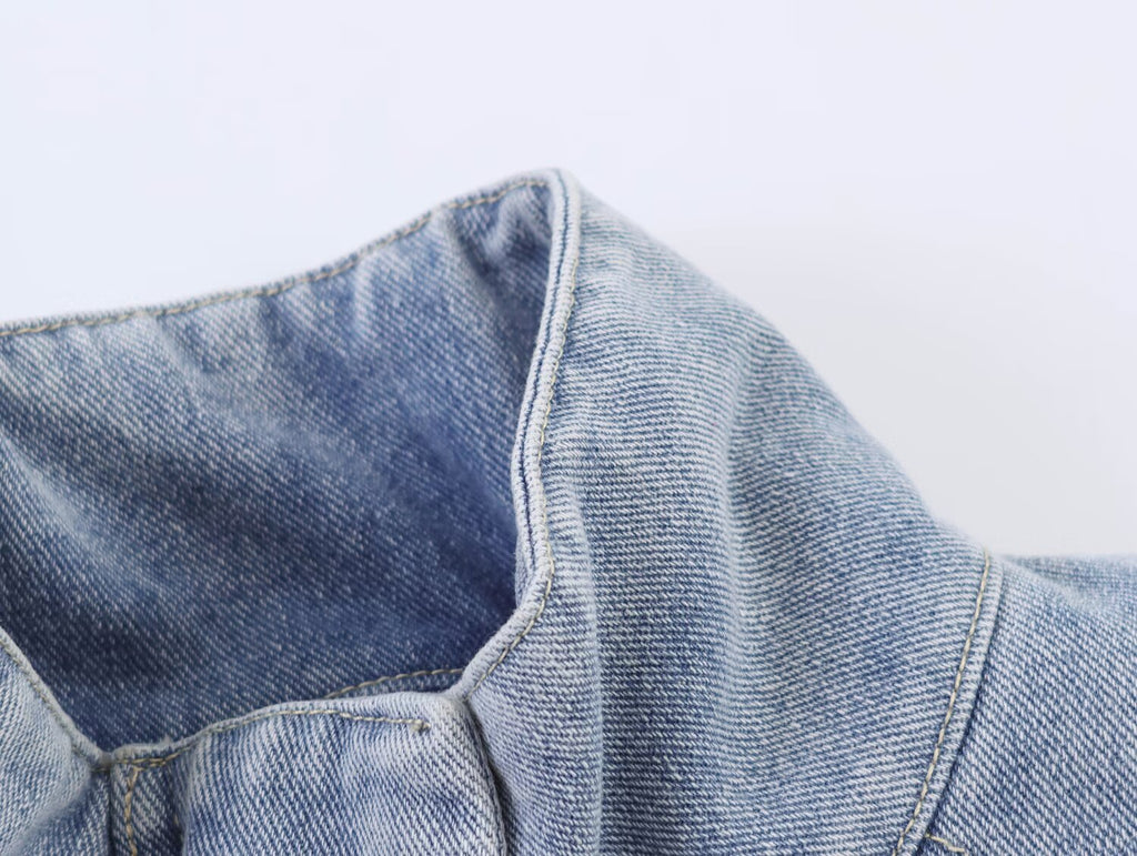 Women Clothing Stand Collar Denim Bomber Jacket