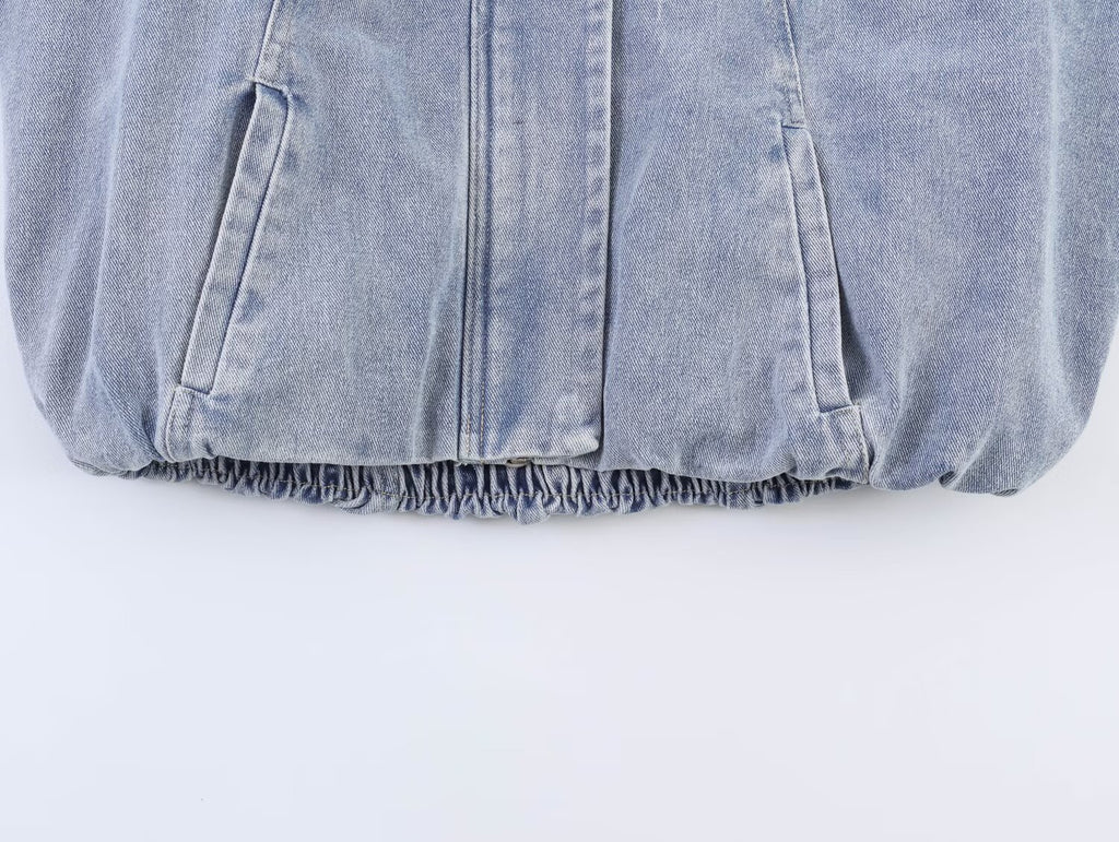 Women Clothing Stand Collar Denim Bomber Jacket