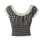 Women's Sweet Spicy Age Reducing Lace Square Collar Short Sleeve Shirt Women Summer Design Lace Up Fitted Waist Pleated Short Top