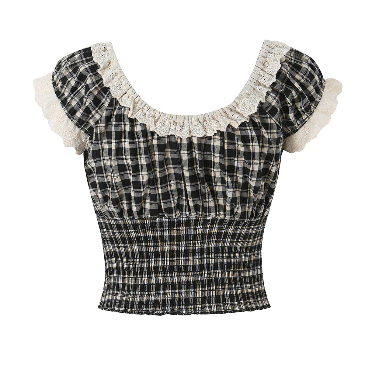 Women's Sweet Spicy Age Reducing Lace Square Collar Short Sleeve Shirt Women Summer Design Lace Up Fitted Waist Pleated Short Top