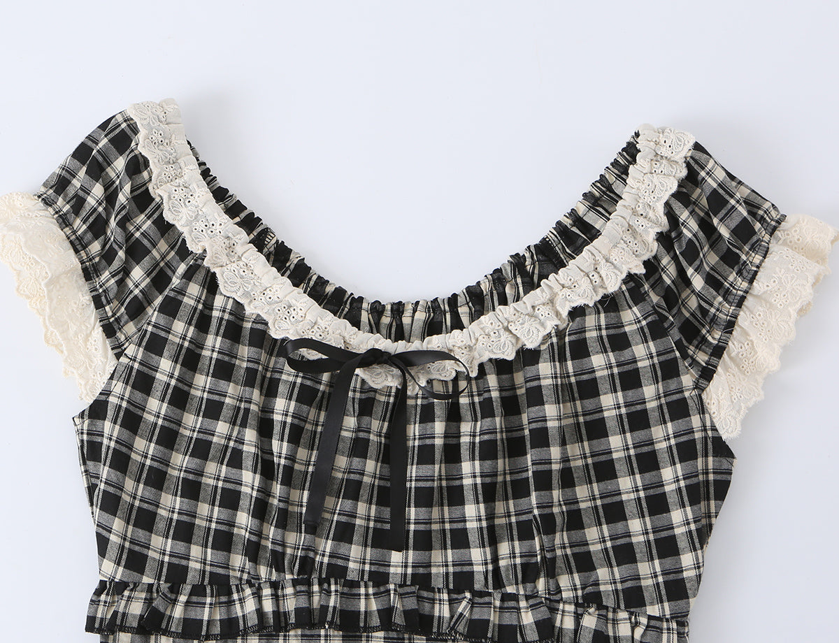 Women's Sweet Spicy Age Reducing Lace Square Collar Short Sleeve Shirt Women Summer Design Lace Up Fitted Waist Pleated Short Top
