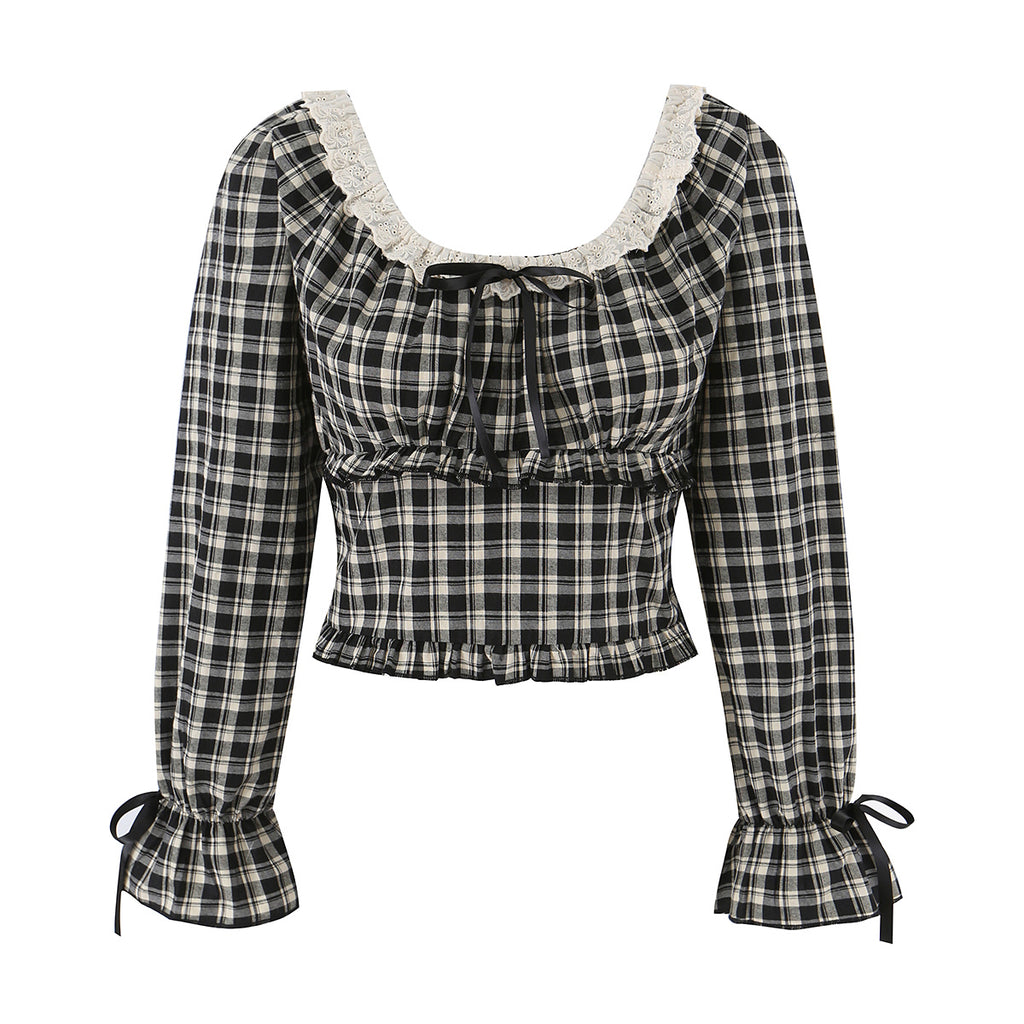 Women's Sweet Plaid Lace Up Bow Lace Collar Wooden Ear Waist Controlled Slimming Long Sleeve Top