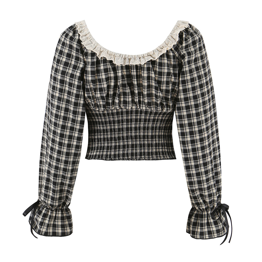 Women's Sweet Plaid Lace Up Bow Lace Collar Wooden Ear Waist Controlled Slimming Long Sleeve Top