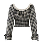 Women's Sweet Plaid Lace Up Bow Lace Collar Wooden Ear Waist Controlled Slimming Long Sleeve Top