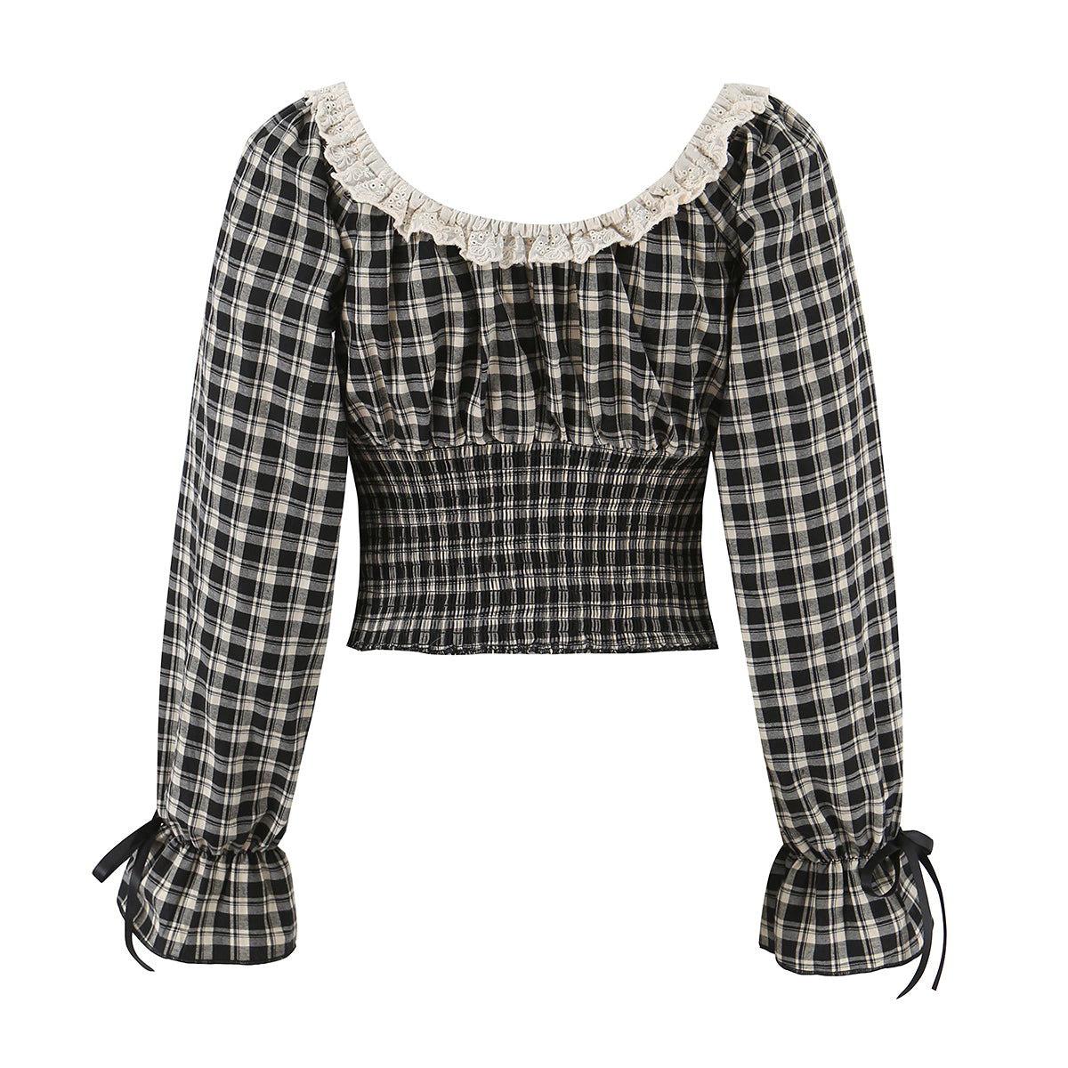 Women's Sweet Plaid Lace Up Bow Lace Collar Wooden Ear Waist Controlled Slimming Long Sleeve Top