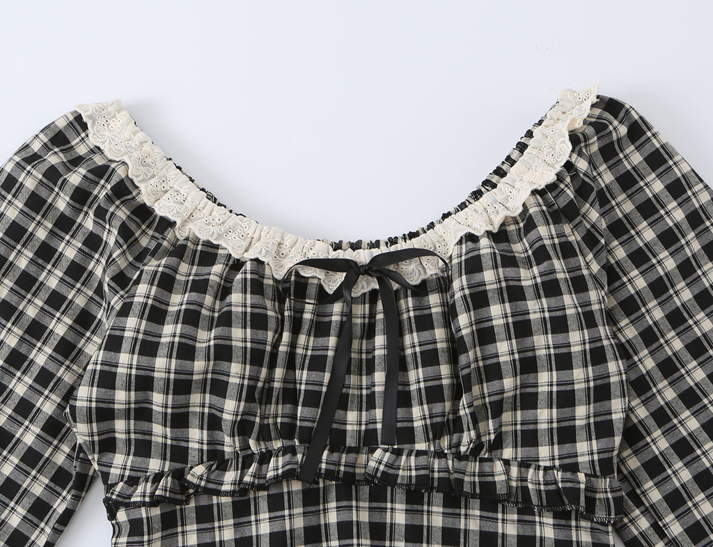 Women's Sweet Plaid Lace Up Bow Lace Collar Wooden Ear Waist Controlled Slimming Long Sleeve Top