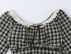 Women's Sweet Plaid Lace Up Bow Lace Collar Wooden Ear Waist Controlled Slimming Long Sleeve Top
