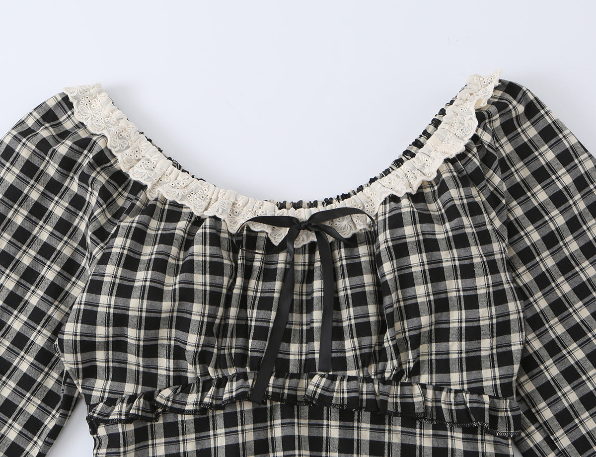 Women's Sweet Plaid Lace Up Bow Lace Collar Wooden Ear Waist Controlled Slimming Long Sleeve Top