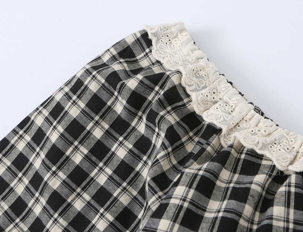 Women's Sweet Plaid Lace Up Bow Lace Collar Wooden Ear Waist Controlled Slimming Long Sleeve Top