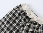 Women's Sweet Plaid Lace Up Bow Lace Collar Wooden Ear Waist Controlled Slimming Long Sleeve Top