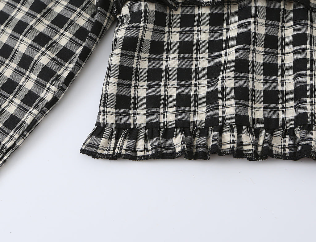 Women's Sweet Plaid Lace Up Bow Lace Collar Wooden Ear Waist Controlled Slimming Long Sleeve Top