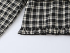 Women's Sweet Plaid Lace Up Bow Lace Collar Wooden Ear Waist Controlled Slimming Long Sleeve Top