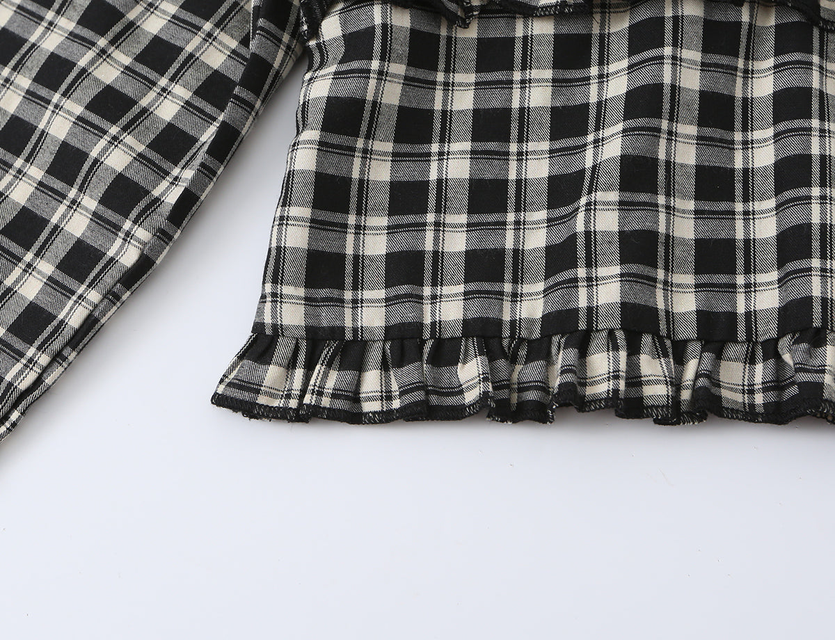 Women's Sweet Plaid Lace Up Bow Lace Collar Wooden Ear Waist Controlled Slimming Long Sleeve Top