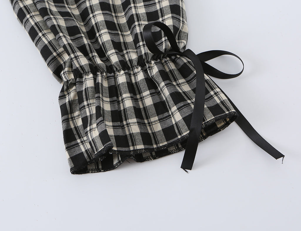 Women's Sweet Plaid Lace Up Bow Lace Collar Wooden Ear Waist Controlled Slimming Long Sleeve Top