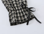 Women's Sweet Plaid Lace Up Bow Lace Collar Wooden Ear Waist Controlled Slimming Long Sleeve Top