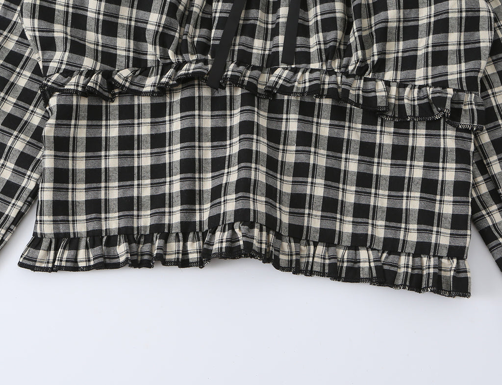 Women's Sweet Plaid Lace Up Bow Lace Collar Wooden Ear Waist Controlled Slimming Long Sleeve Top