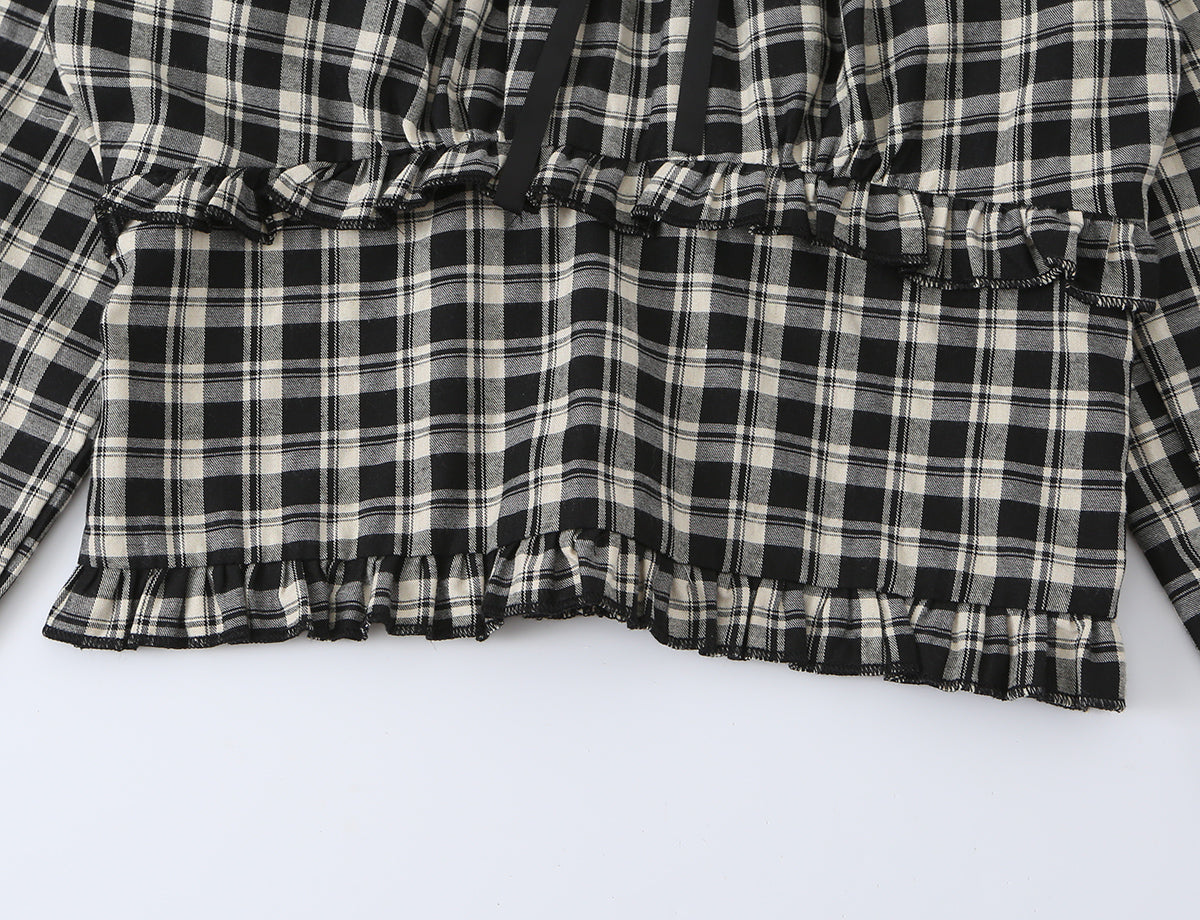 Women's Sweet Plaid Lace Up Bow Lace Collar Wooden Ear Waist Controlled Slimming Long Sleeve Top