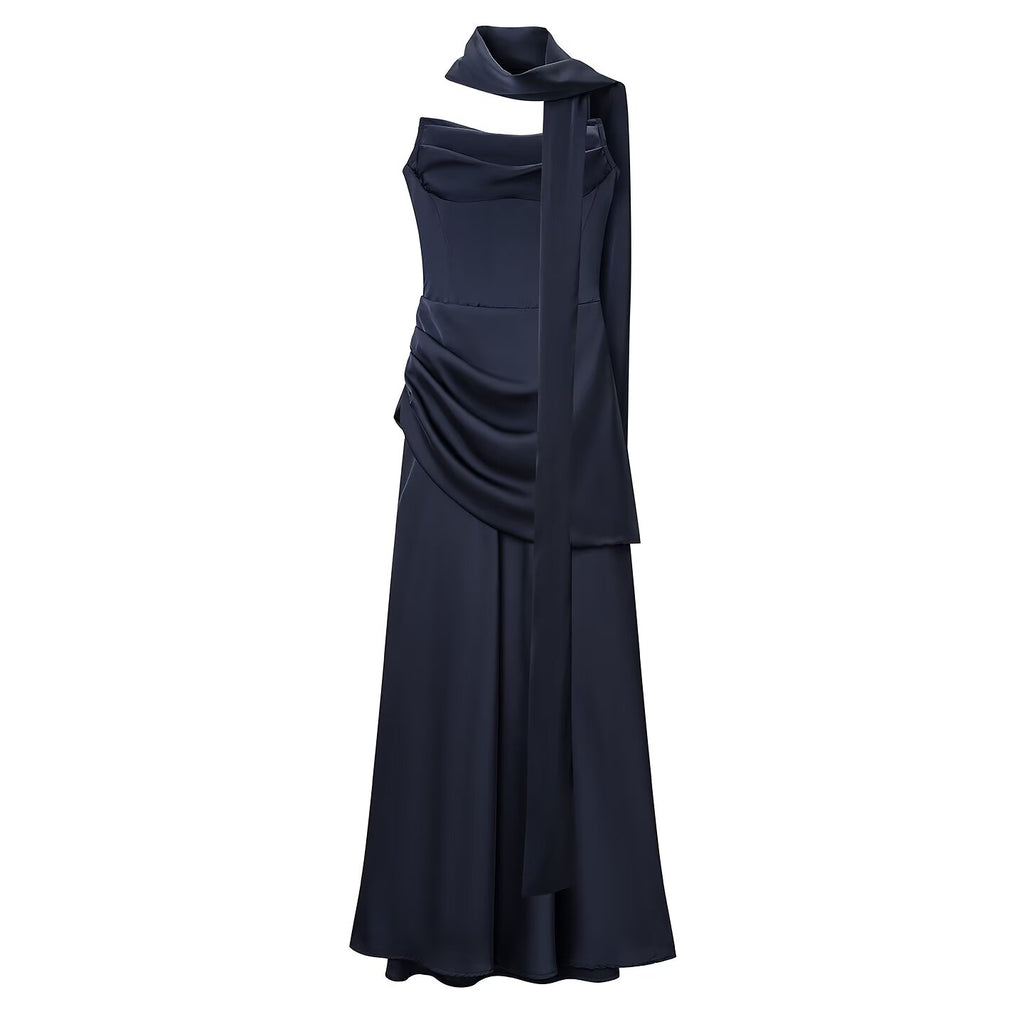 Navy blue pleated sleeveless dress with draped bodice and high folded neckline