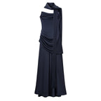 Navy blue pleated sleeveless dress with draped bodice and high folded neckline