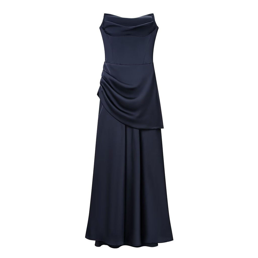 Navy blue sleeveless dress with cascading pleats and draped waist detail