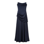 Navy blue sleeveless dress with cascading pleats and draped waist detail