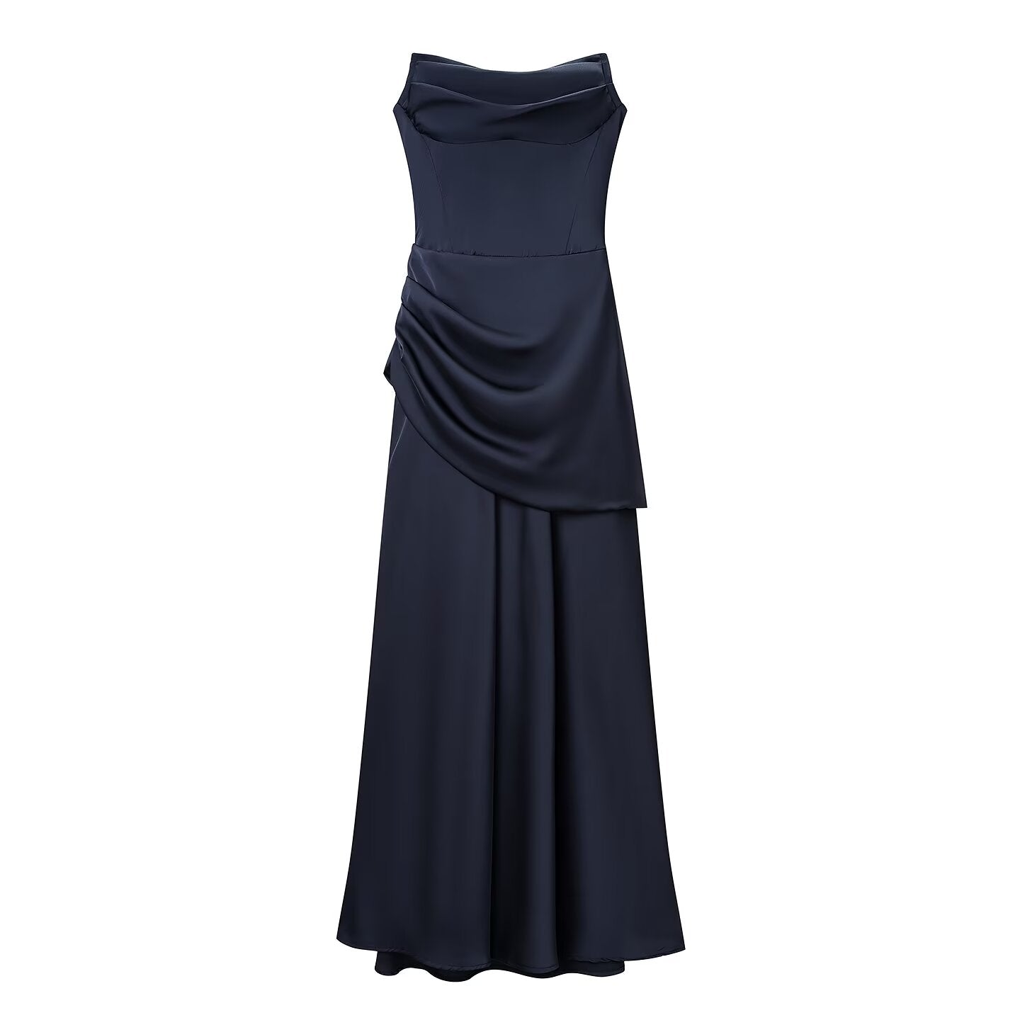 Navy blue sleeveless dress with cascading pleats and draped waist detail