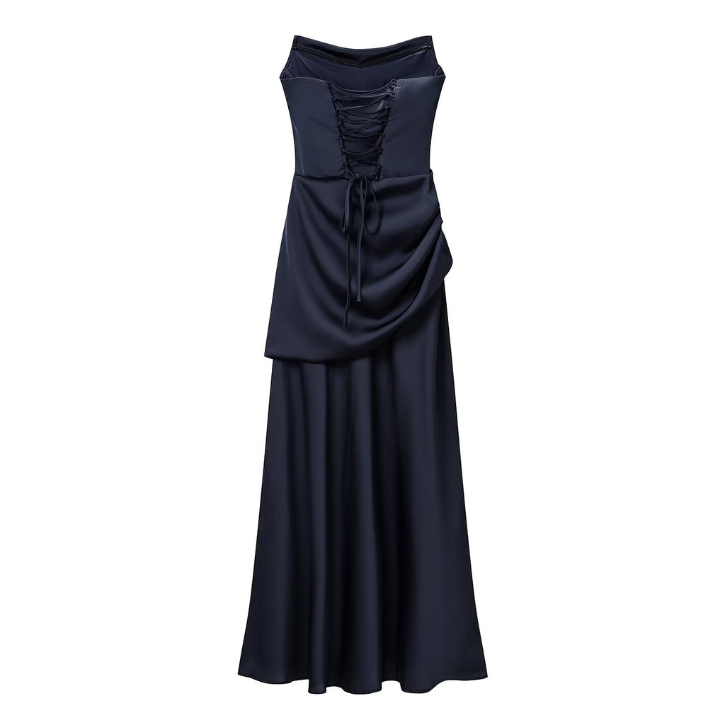 Navy blue sleeveless dress with ruched center bodice and full pleated skirt