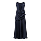 Navy blue sleeveless dress with ruched center bodice and full pleated skirt