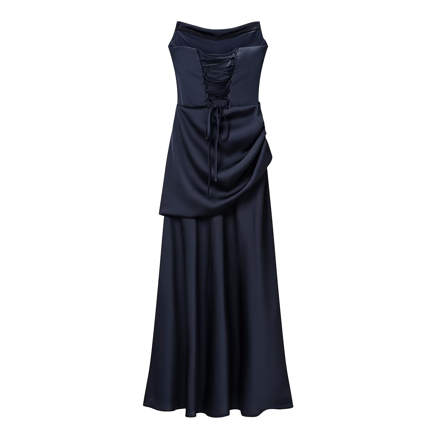 Navy blue sleeveless dress with ruched center bodice and full pleated skirt