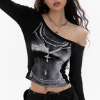 Women's Street Printing Diagonal Collar Sexy All Matching Long Sleeve Top Bottoming Shirt Women Clothing