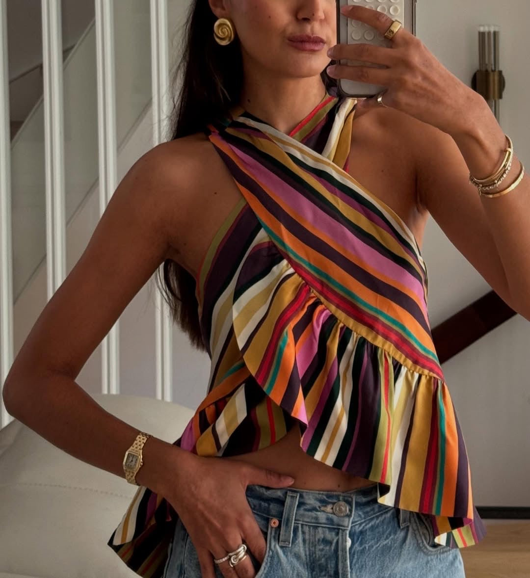 Summer Niche Rainbow Western Youthful Looking Unique Halter Spaghetti Straps Contrast Color Striped Top Women