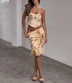 Women Beaded Tassel Floral Print Tube Top Sheath Skirt Two Piece Sets