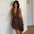 Brown backless halter dress with draped front and buckle belt