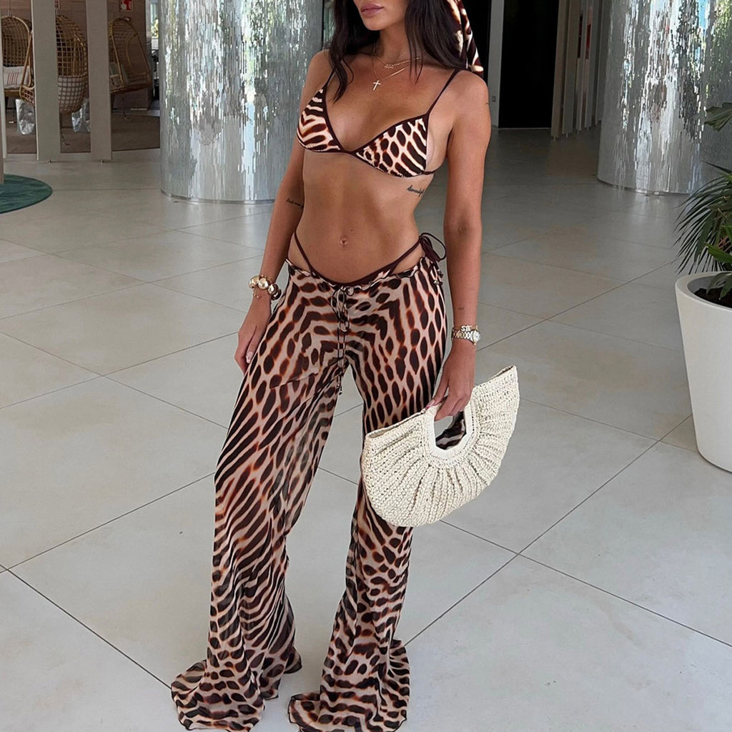 Three Point one-piece swimwear set with leopard-print bikini top and wide-leg pants